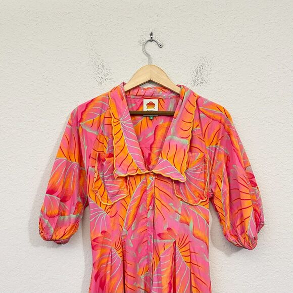 ANTHROPOLOGIE FARM RIO Bright Forest Midi Dress Pink Orange Puff Sleeve - Picture 4 of 16